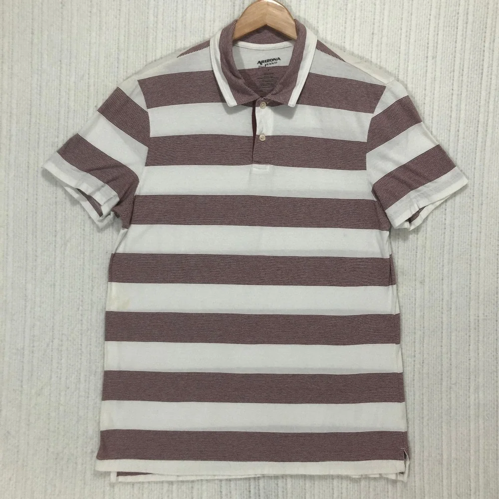 Arizona Jean Co Mens Large Polo Shirt Burgundy White Striped Short Sleeve Cotton